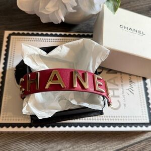Chanel Hot Pink Leather Gold Chanel Letter Wrap Bracelet